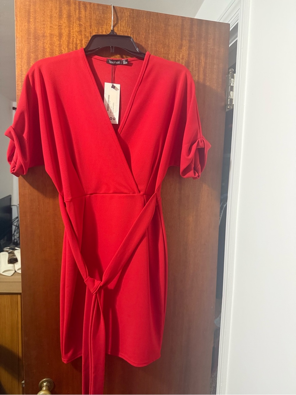 Boohoo Bold Red Wrap Mini Dress with Tie Waist